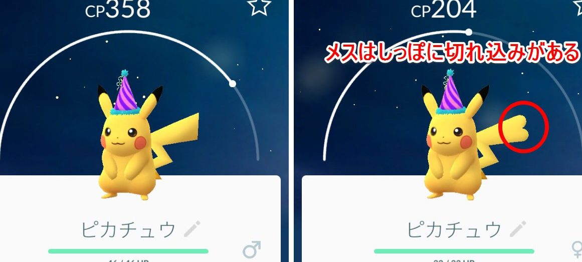 ポケモンGOでとんがり帽子ピカチュウのオスメスの見分け方を簡単に解説 1 e3839de382b1e383a2e383b3goe381a7e381a8e38293e3818ce3828ae5b8bde5ad90e38394e382abe38381e383a5e382a6e381aee382aae382b9e383a1e382b9e381ae